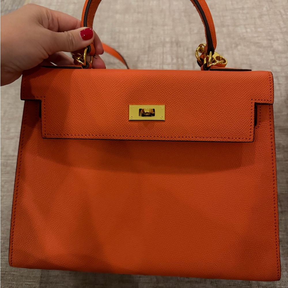 H Brand Kelly Orange Structured Top-Handle Women's Bag with Brand Gold Hardware